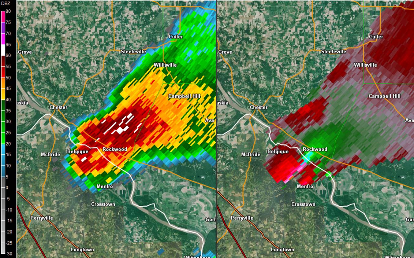 Radar two panel of Randolph County IL portion of tornado on February 28th, 2017, reflectivity and storm relative velocity.