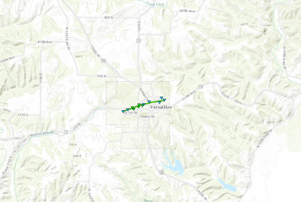 Map of tornado track near Versailles, IL on February 28th, 2017.