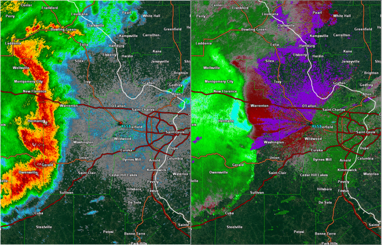 Radar loop of the storms including reflectivity on the left and velocity on the right.