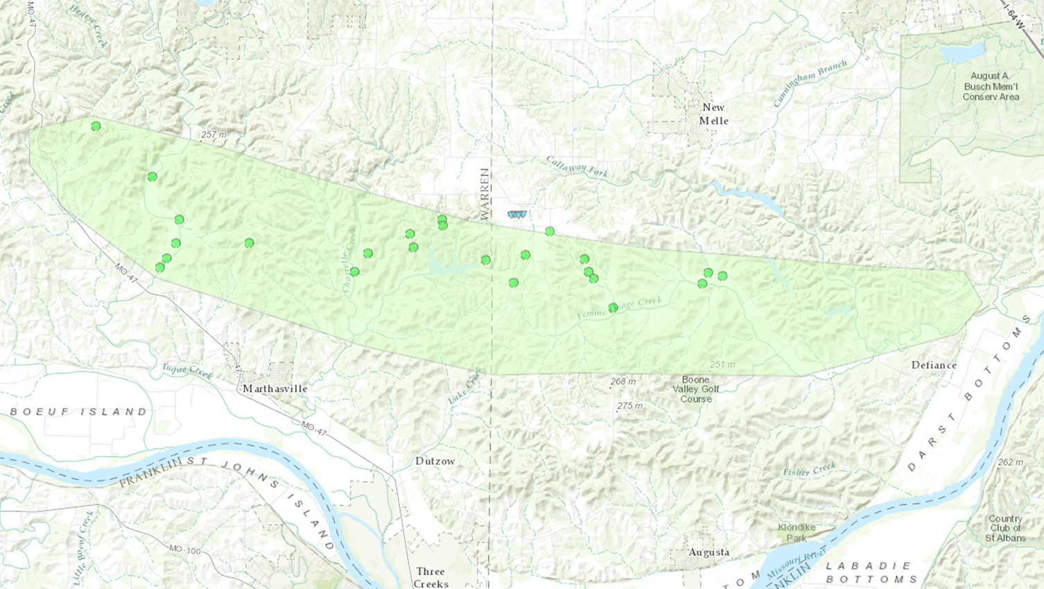 Map of widespread wind damage in Warren and St. Charles counties.