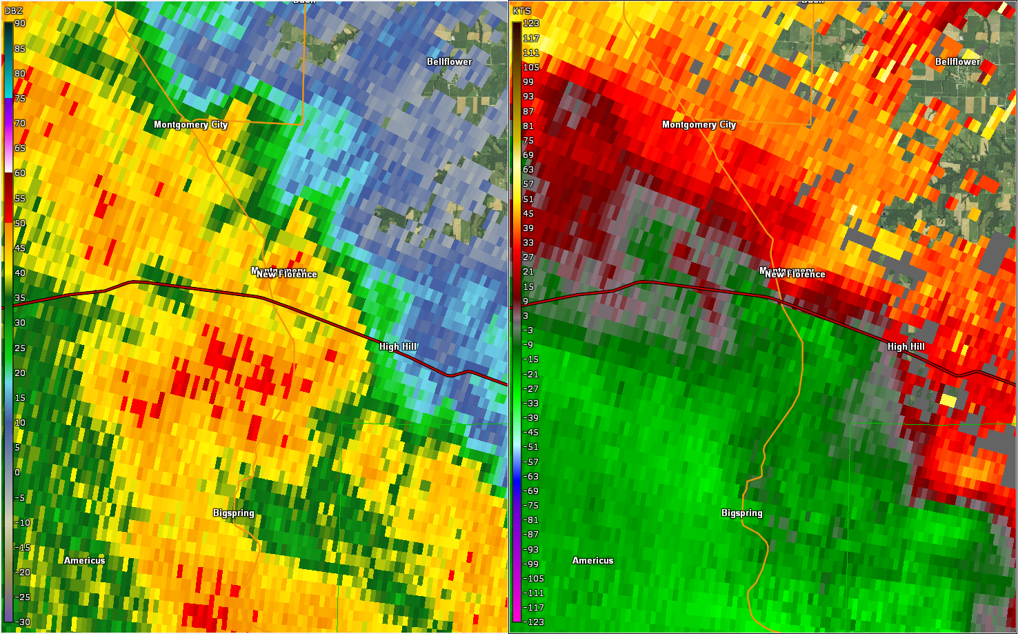 Two panel radar picture of reflectivity and storm relative velocity of the tornado.