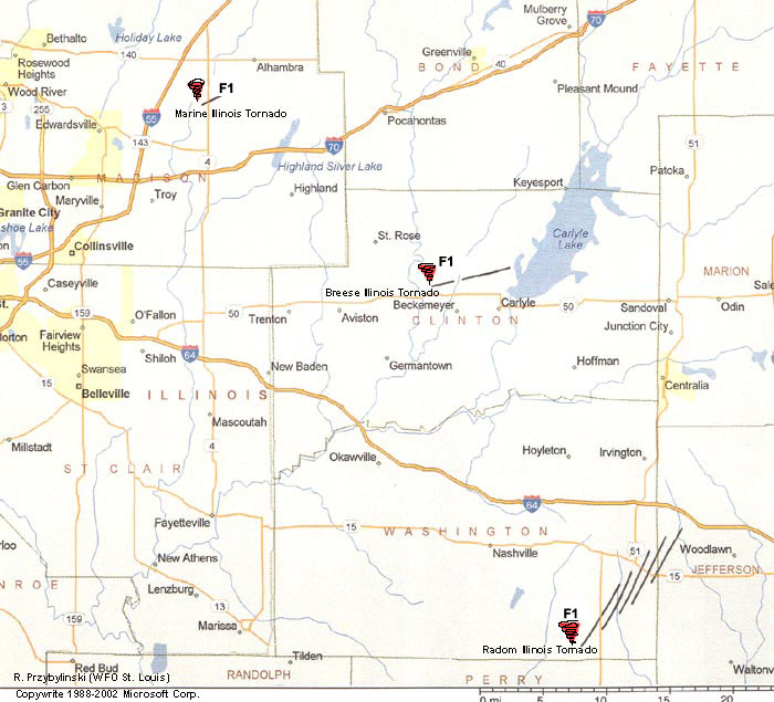 Map of the May 30, 2004 tornado damage tracks across southwest and south-central Illinois.
