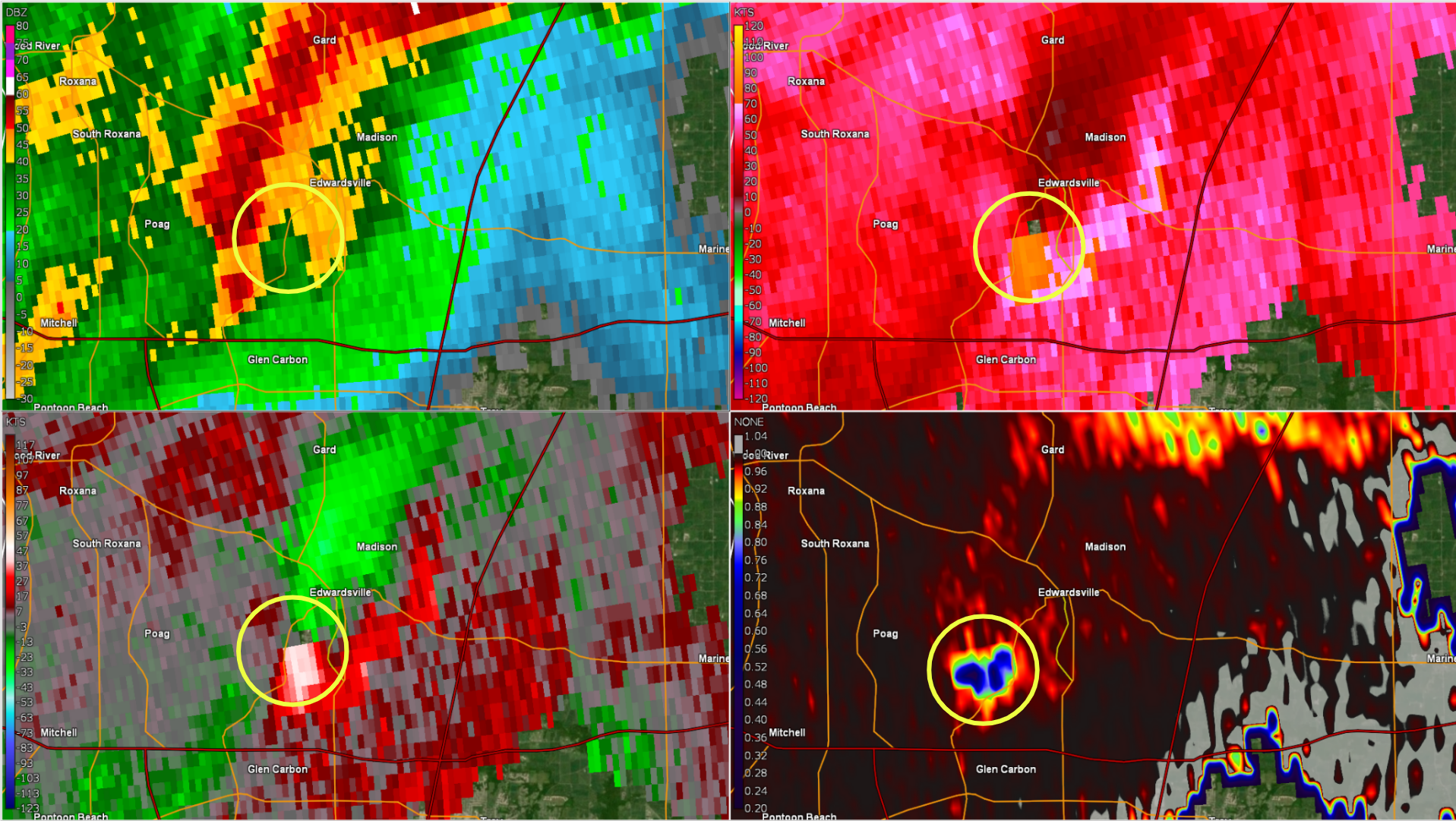 Four panel radar image of the Edwardsville, IL tornado at 832 pm on December 10, 2021.