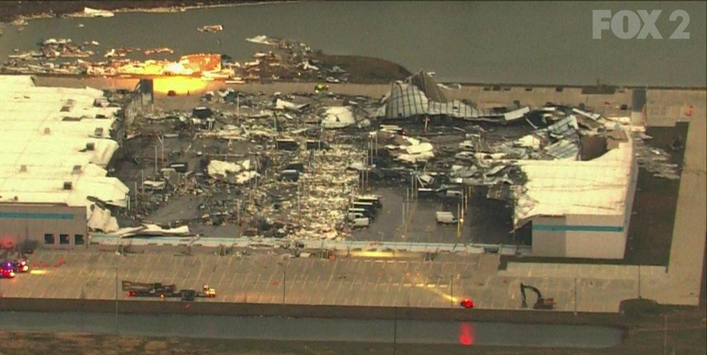 An areal shot from FOX 2 of the damage to an Amazon warehouse southwest of Edwardsville, IL