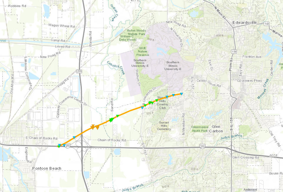A map of the track of the Edwardsville, IL tornado on December 10, 2021.