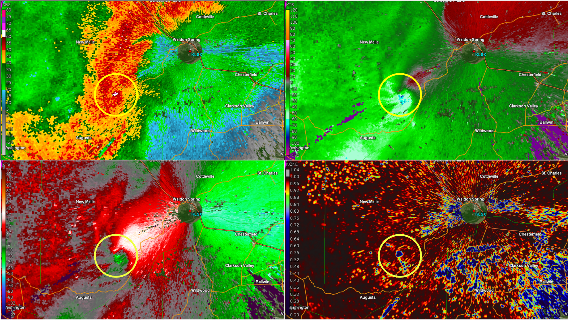 Four panel radar image of the Defiance, MO tornado at 740 pm on December 10, 2021.