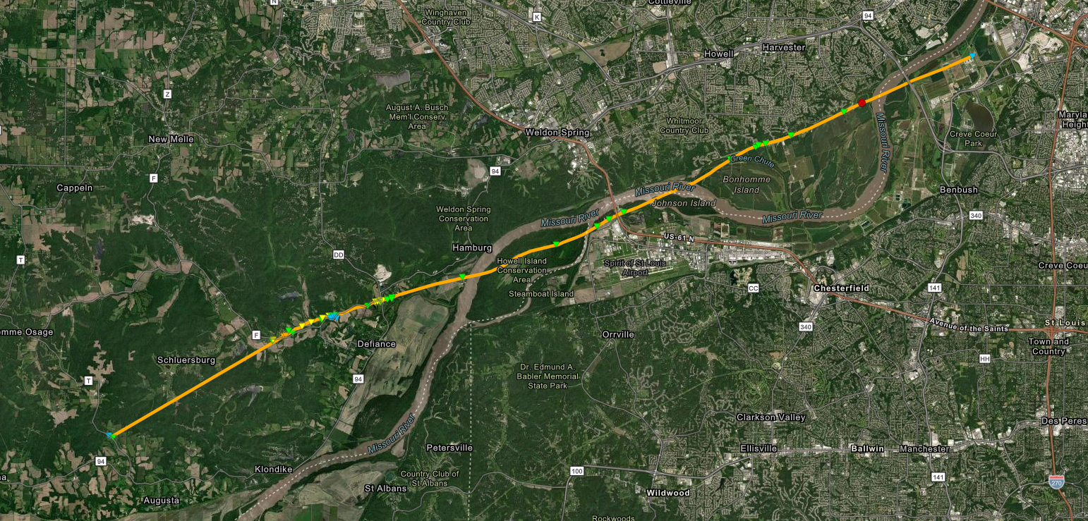 A map of the track of the Defiance, MO tornado on December 10, 2021.