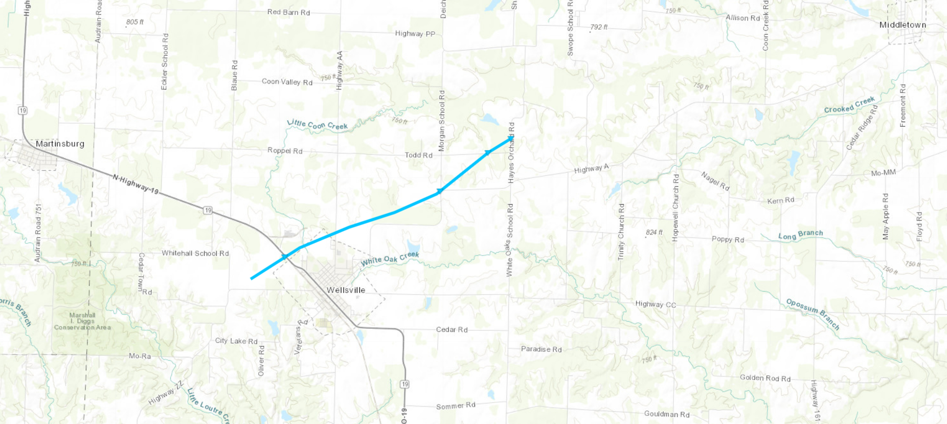A map of the track of the Wellsville, MO tornado on December 10, 2021.