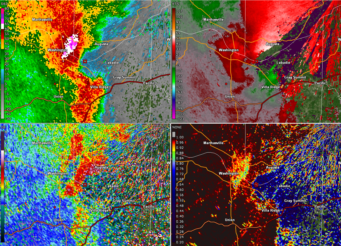 Radar four panel of tornado as it touched down in northern Franklin County.