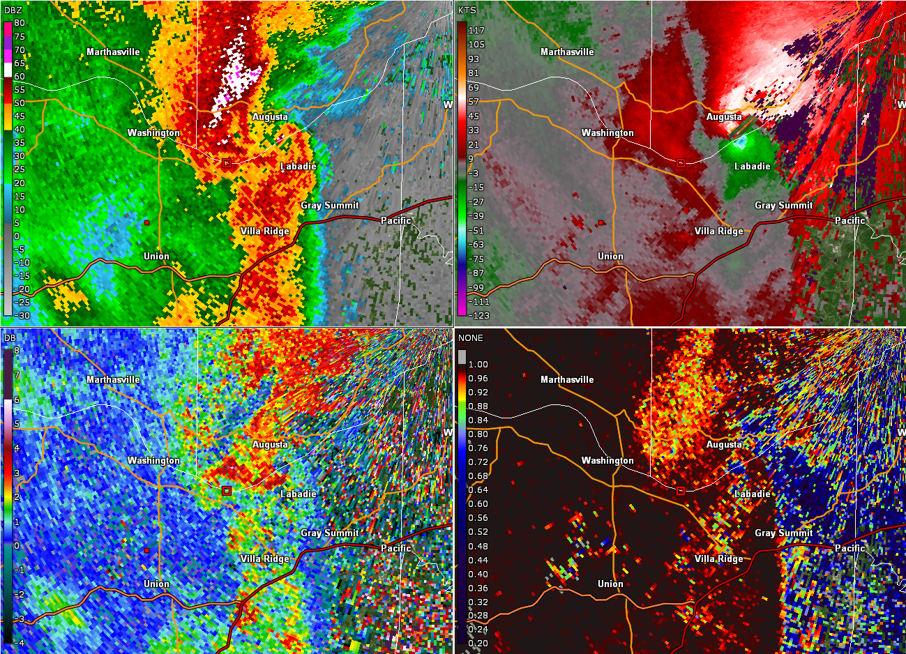 Radar four panel of tornado as it strengthened and moved into St. Charles County.