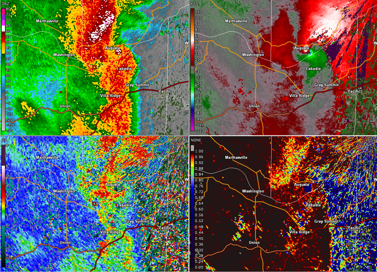 Radar four panel of tornado as it reached peak strength in St. Charles County.