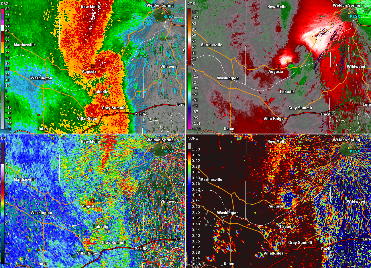 Radar four panel of tornado as it was weakening in St. Charles County.