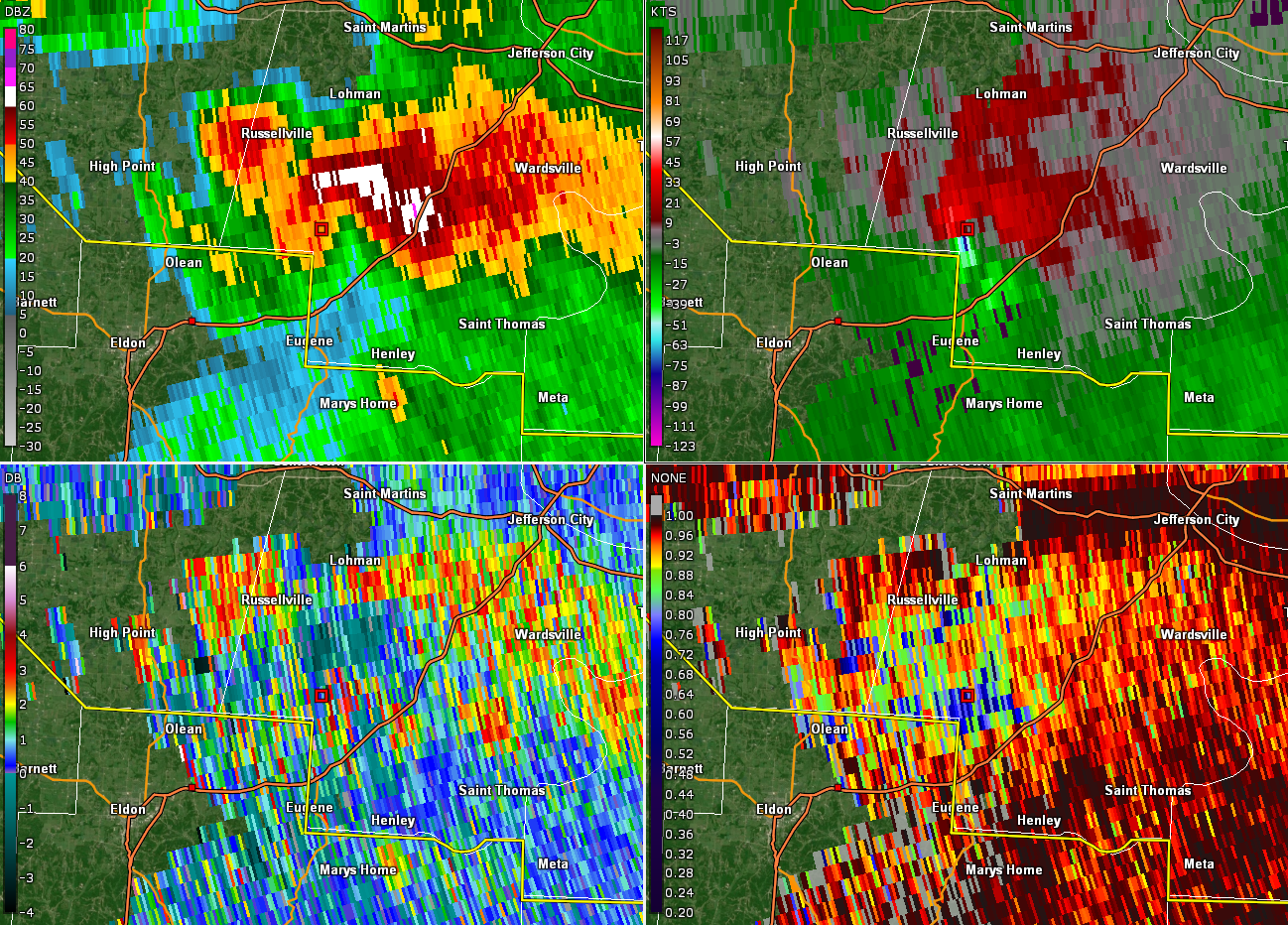 Radar four panel of tornado as it crossed into Cole County.