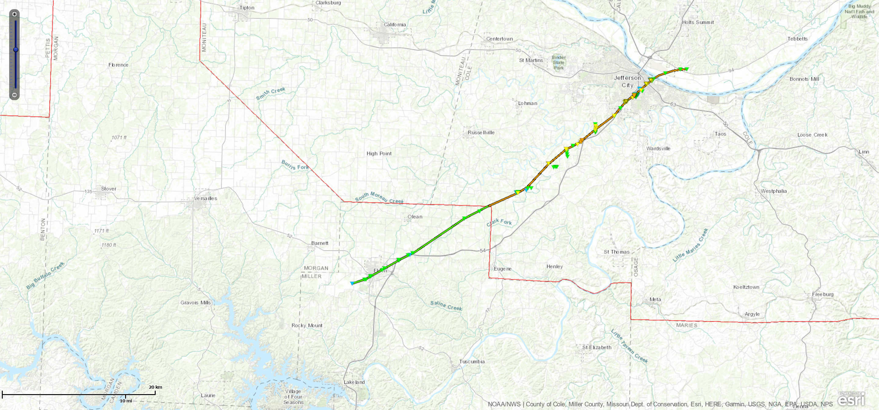 Map of the Jefferson City, MO tornado track on May 22, 2019.