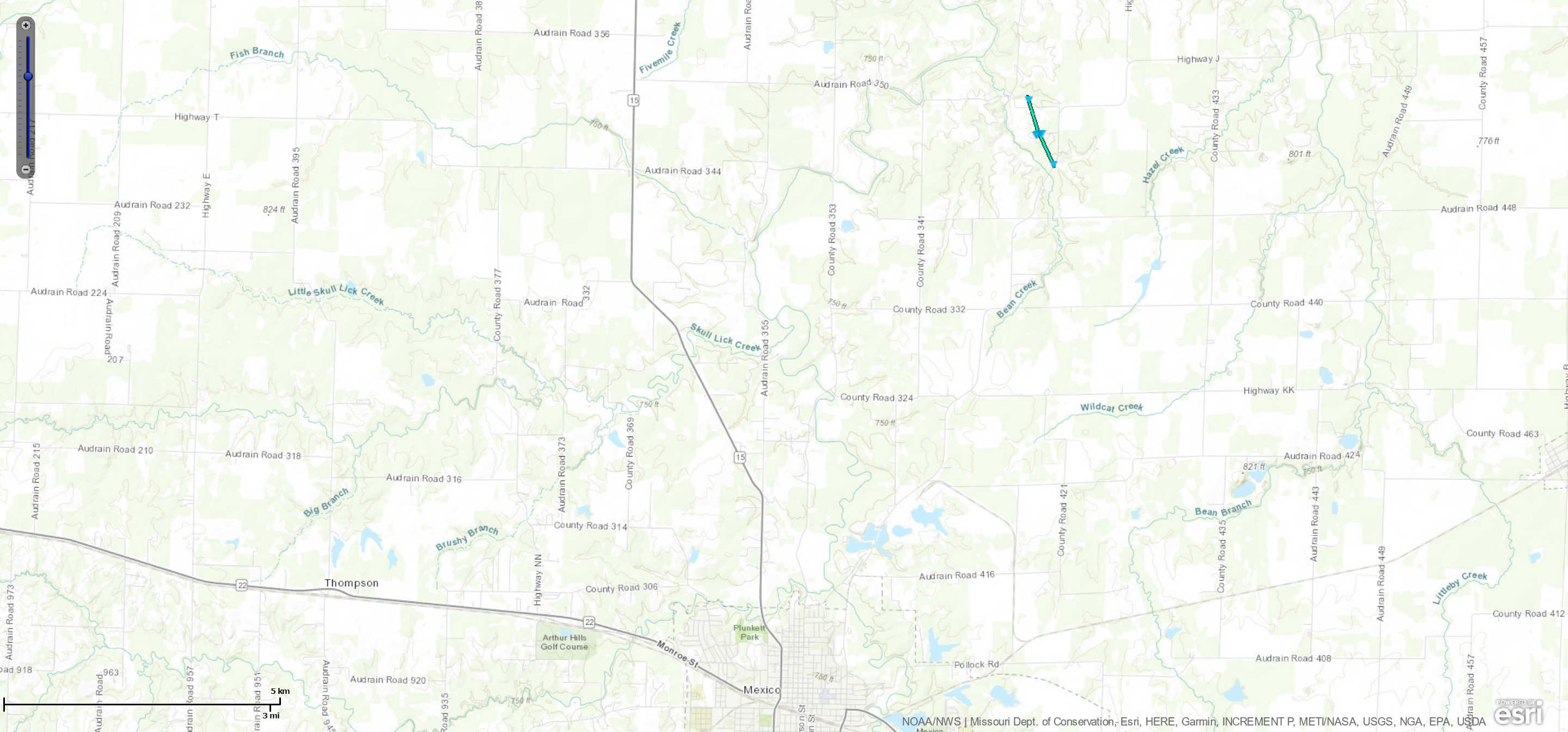 Map of tornado that move through Audrain County about 6.5 miles north northeast of Mexico, MO.