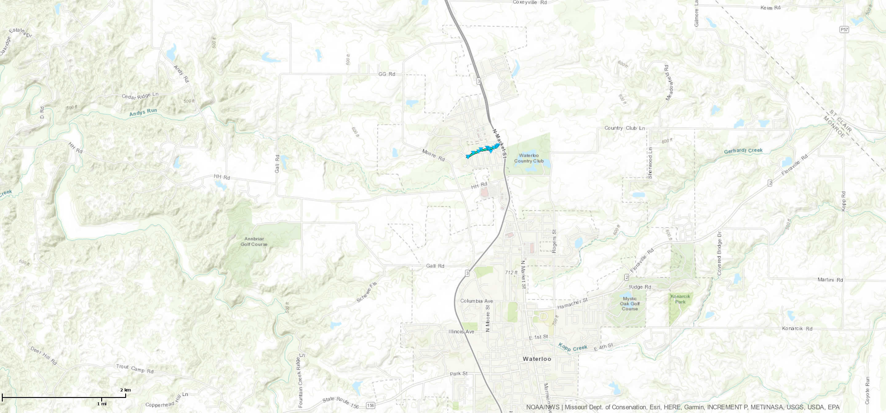 Map of tornado track through Waterloo, IL.