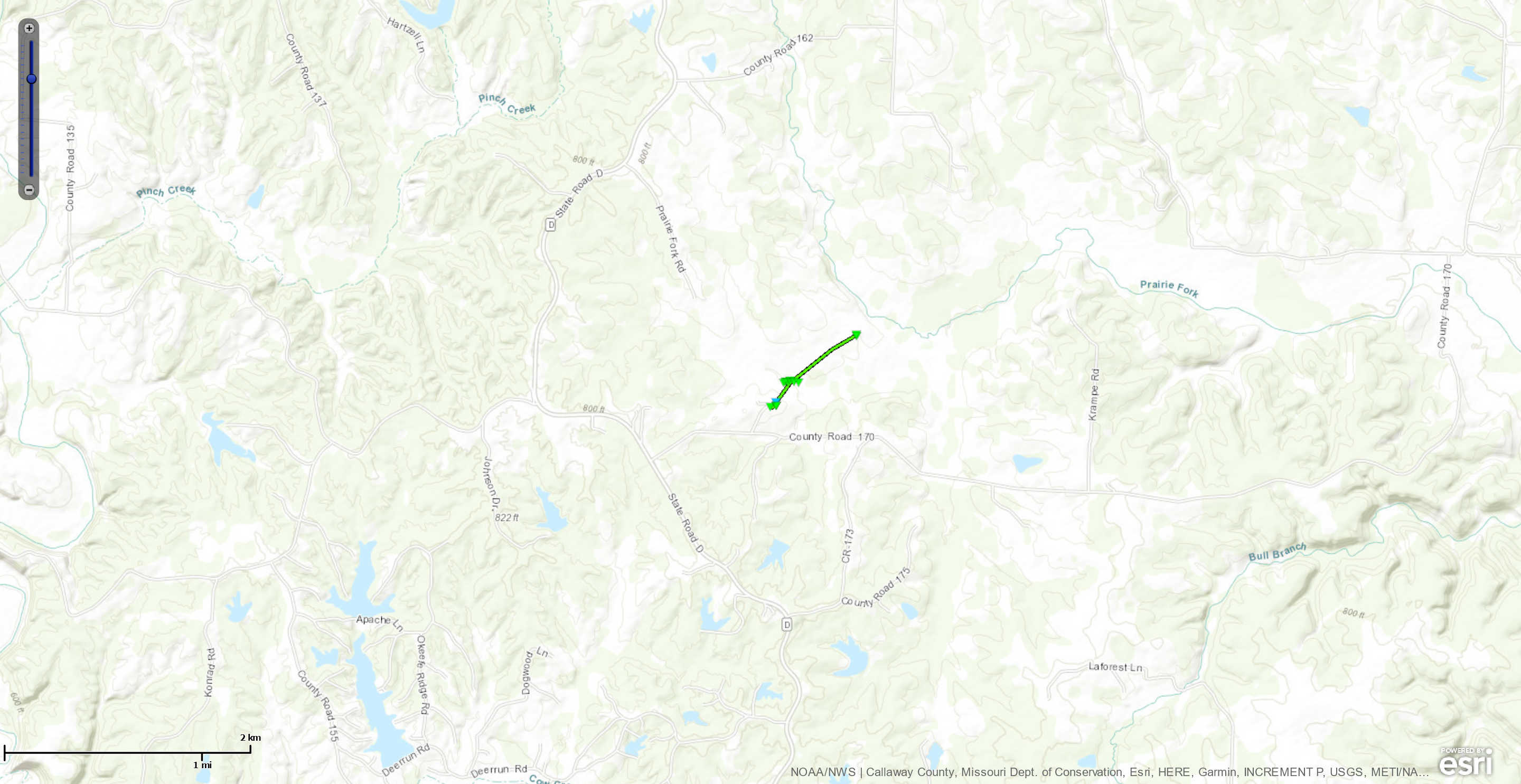 Map of the Yucatan, MO tornado track on May 21, 2019.
