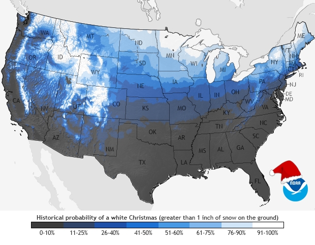 Historical probability of a White Christmas (greater than 1 inch of snow on the ground)