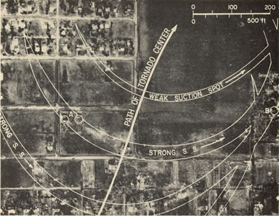 Photograph taken by NASA that shows the pattern of three suction swaths along Kent Street.  Click on the image for a larger version.