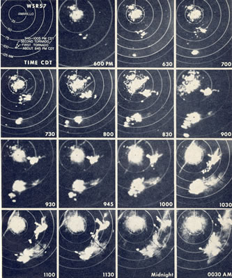 Series of images taken from the Amarillo radar on the night of May 11 and early morning of May 12, 1970. Click on the image for a larger view.
