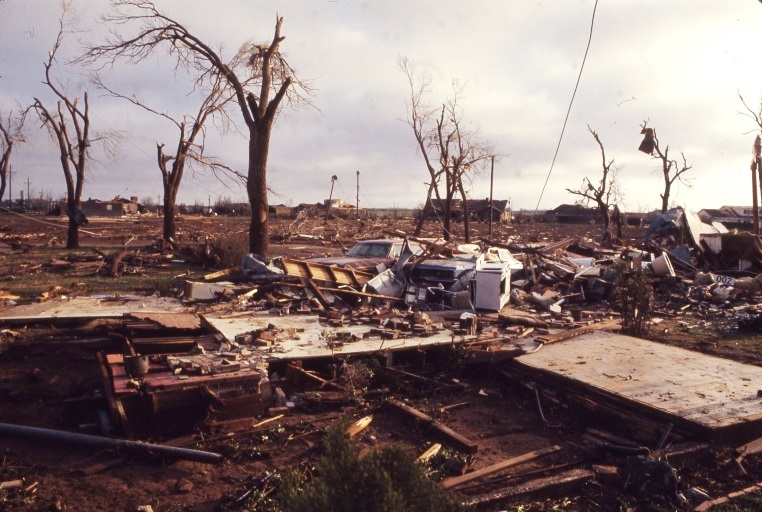 Photo of damage from the April 15, 1973 Plainview Tornado. The image is courtesy of the TTU C&ME Department's storm survey.