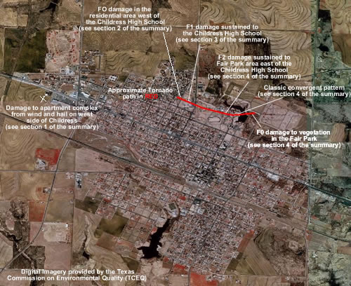 Map of approximate tornado path and damage locations.