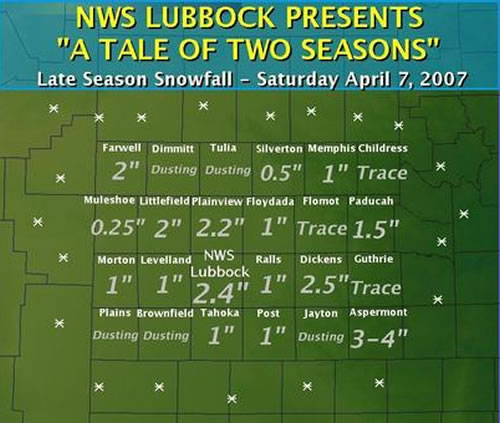 Image displaying the snowfall amounts received on Saturday, 7 April 2007 (image created by Brian LaMarre). 