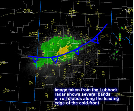 Map showing the reflectivity return from the Lubbock Radar along with surface observations and the approximate position of the cold front at 7 am. Click on the image for a larger version. 