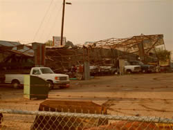 Damage to a city shed in Muleshoe Texas on 25 May 2008. Click on the image for a larger view. Photo taken by Jack Rennels.