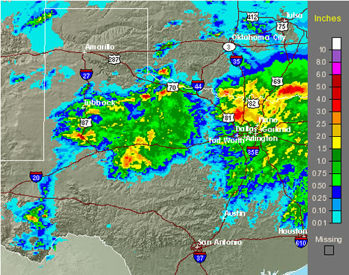 Graphic of bias corrected radar rainfall estimates from the afternoon and evening of 27 May 2008. Click on the image for a more detailed view of raw radar estimated precipitaiton from the Lubbock NWS radar.