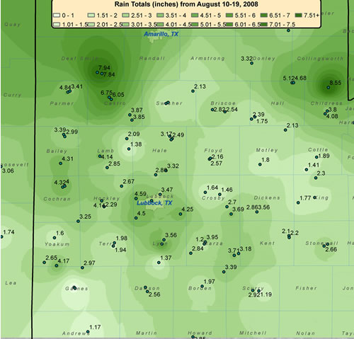 Graphic displaying the rainfall tallied across West Texas between August 10th and the morning of August 19th, 2008. Click on the image for a larger view.