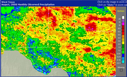 Map of radar estimated rainfall for the month of August (through the 18th). Click on the image for a larger view.