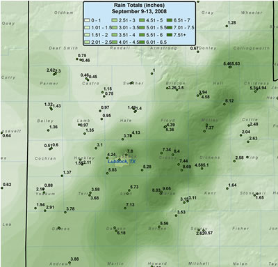 Graphic displaying measured rainfall that fell between 8 am on the 9th and 8am on the 13th of September 2008. A majority of the rainfall fell between Thursday afternoon (11th) and the first half of Friday (12th). Rainfall is courtesy of the NWS COOP and the Texas Tech West Texas Mesonet.  
