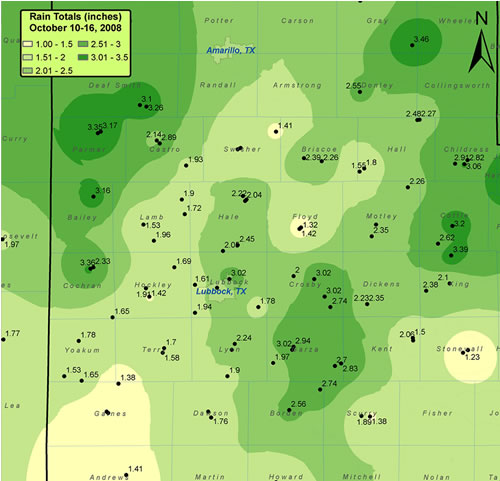 Map of rainfall that fell between the 10th and 16th of October 2008. Click on the image for a larger view.