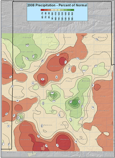 This map shows the 2008 rainfall as a percent of the 30 year normal rainfall (1971-2000). Please click on the map to view a full-sized version.