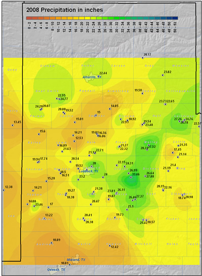 This map displays the 2008 year precipitation totals. The map was created with data gathered from the NWS Cooperative observers and the West Texas Mesonet. Click on the map to view a full-sized version.