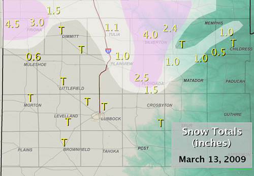 Map with reports of snow from 13-14 March 2009. Click on the graphic for a larger view.