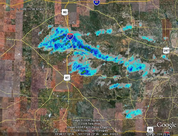 Graphic displaying hail swaths, as estimated by the Lubbock radar, from Monday afternoon (1 June)  through early Tuesday morning (2 June 2009). The "hotter" colors indicate large hail. Click on the image to view a larger version.
