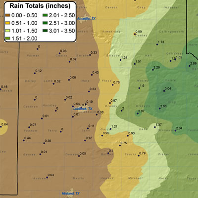 Map of rainfall totals from 11-13 September 2009. Rain totals are courtesy of the West Texas Mesonet and the National Weather Service. Click on the image for a larger view.