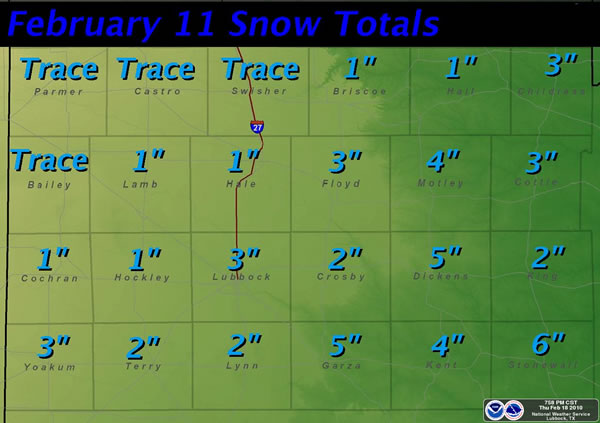 Graphic displaying the amount of snow that fell on February 11th.  Amounts are in inches. Click on the image for a larger view.