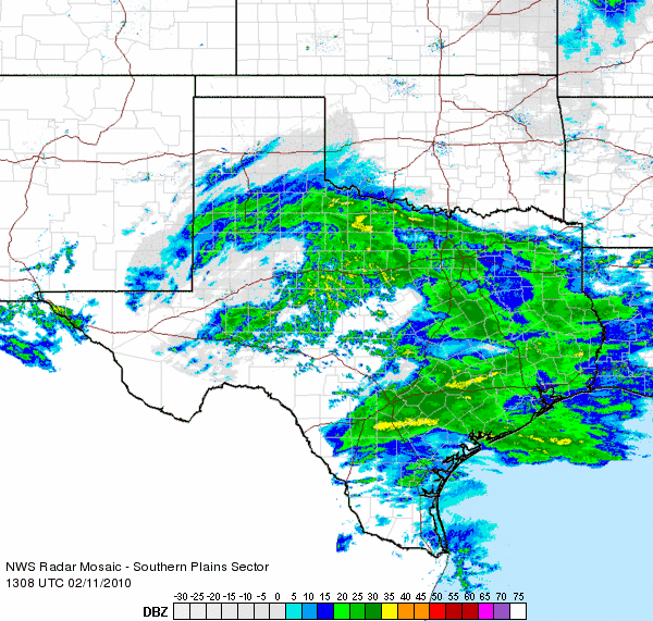 Radar loop between 7:08 am and 8:18 am CST on February 11, 2010. The band of precipitation across the South Plain and Rolling Plains and into North Texas is snow.