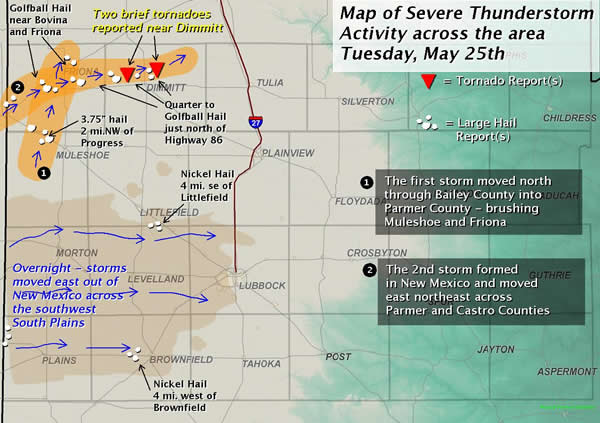 Map of severe thunderstorm activity on 25 May 2010. Click on the image for a larger view.