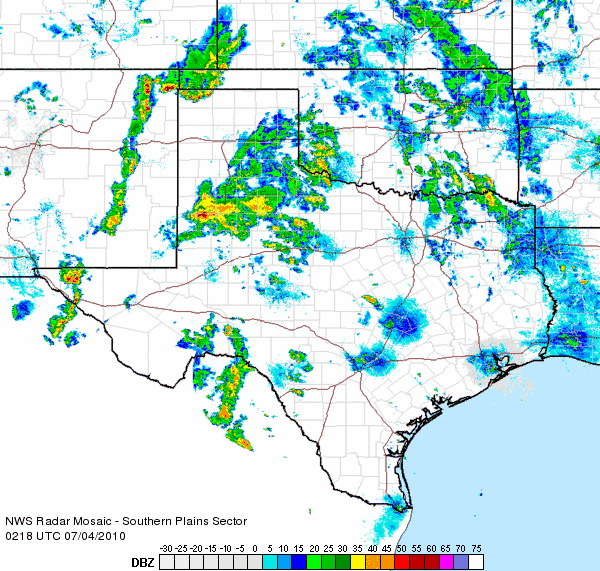 Regional radar loop displaying the heavy rain that was falling around Lubbock between 9:18 pm and 10:28 pm on 3 July 2010. 