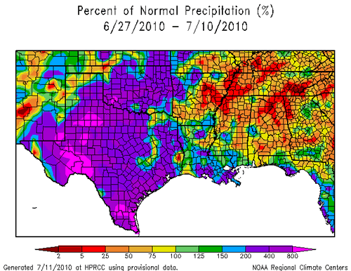 Map displaying the percent of normal precipitation that fell in the two week period between June 27th and July 10th, 2010.  Click on the image for a larger view.