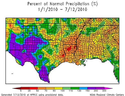 Map displaying the percent of normal precipitation that has fallen for the year to date through July 12th, 2010.  Click on the image for a larger view.