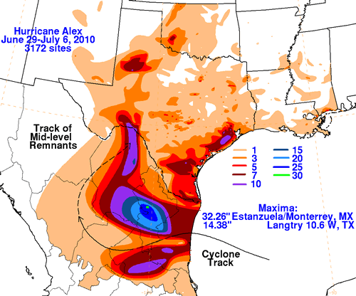 Graphic produced by NCEP that shows the approximate track of Alex, and also a rough estimate of how much rain fell in association with all the tropical moisture Alex pulled into the south-central U.S. and parts of Mexico. Click on the image for a larger view.
