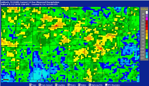 14 day observed precipitation, as estimated by radar and corrected via ground-based rain gauges. The rain total is through 7 am on August 23, 2010. Click on the image for a larger view. 