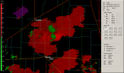 Radar depiction of the rotating storm in northeast Castro County around 5 pm on August 16th. Shown is  the velocity data at the 0.5 degree elevation angle as viewed from the Lubbock National Weather Service Doppler radar.  Click on the image for larger view. 