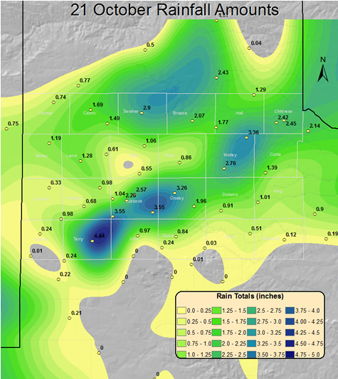 Map created from measured rainfall totals from Thursday (21 October) through the afternoon of Friday (22 October 2010). Rainfall data is courtesy of the Texas Tech West Texas Mesonet and the National Weather Service. 