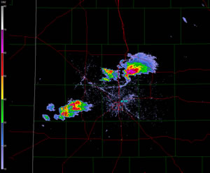 Radar reflectivity images taken from the Lubbock WSR-88D radar at 7:06 pm CDT on March 19, 2011. Click on the radar image for a larger view.